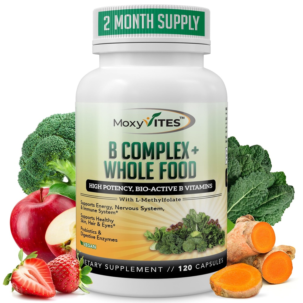MoxyVites Complejo de vitamina B - B Vitaminas Suplemento alimenticio completo, B12 Metilcobalamina, B1, B2, B3, B5, B7, B9 - para el soporte de estrés, energía y inmunológico, Vegan, 120 cápsulas