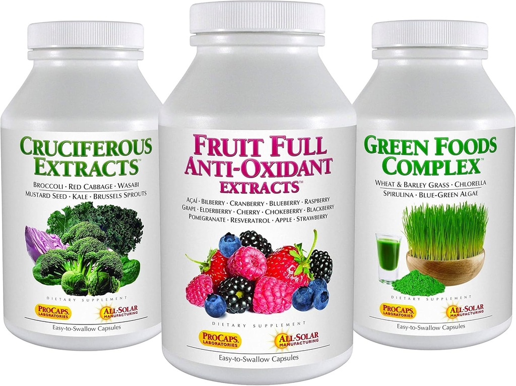 ANDREW LESSMAN 3 Product Healthy Foods Bundle - 60 Cuenta cada uno de los extractos cruciferos, extractos completos anti oxidantes de frutas y complejo de alimentos verdes. Proporciona beneficios nutricionales de 20+ Alimentos más saludables.
