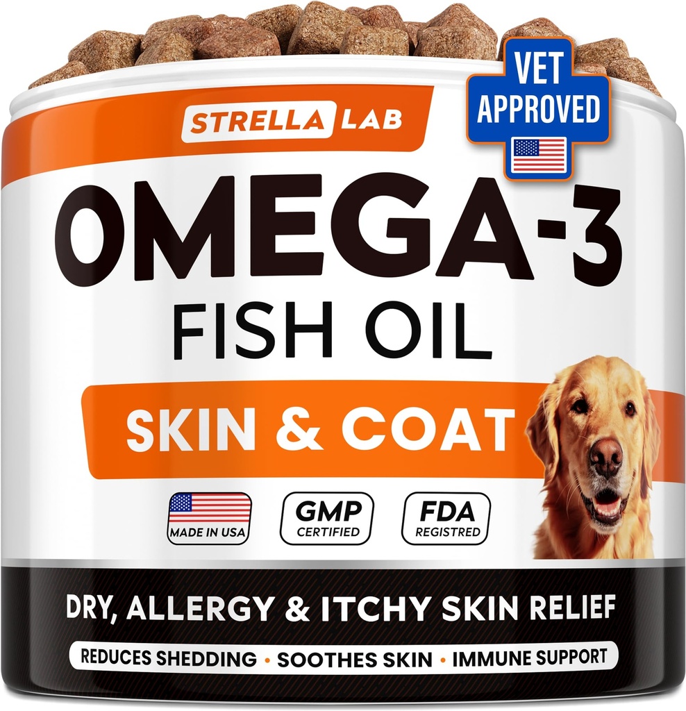 StrellaLab Omega 3 para perros - (180Ct) Fish Oil Treats - Alergía &amp; Itch Relief Skin &amp; Coat Suplemento - Dry Itchy Skin, Anti Shedding & Hot Spots Tratamiento - Pet Salmon Oil Chews - Chicken Flavor