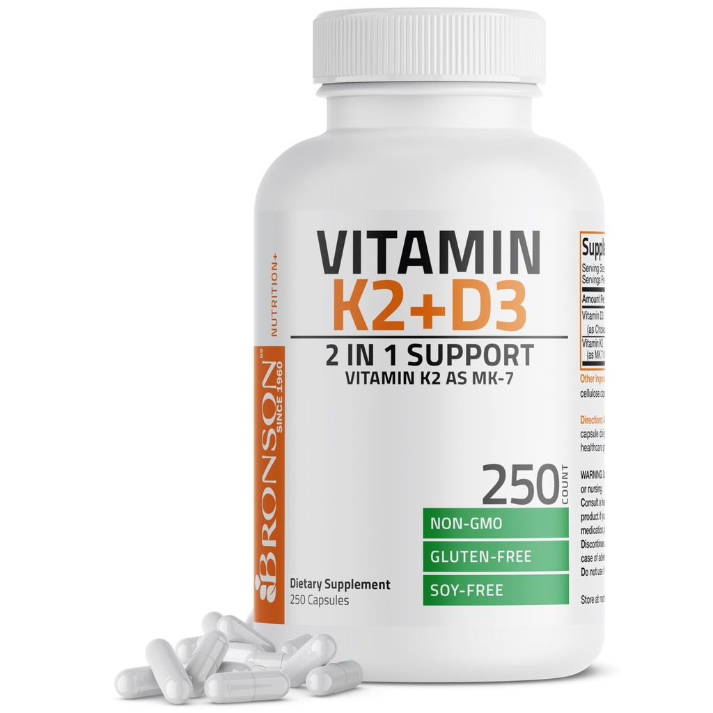 Bronson Vitamina K2 (MK7) con D3 Suplemento No GMO Fórmula 5000 UI Vitamina D3 &amp; 90 mcg K2 MK-7 Easy to Swallow D & K Complex, 250 cápsulas