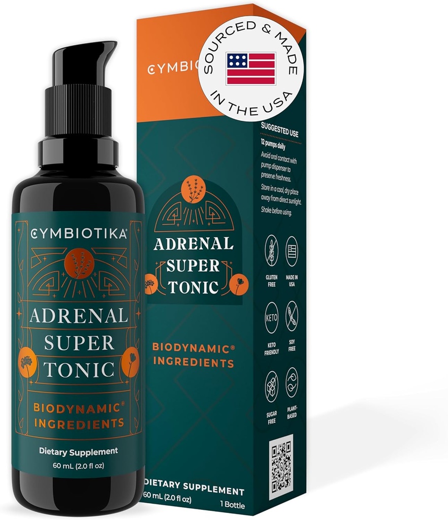 CYMBIOTIKA Adrenal Super Tonic Liquid Suplemento con Ashwagandha, Zinc, Lavender, Holy Basil, para Immune Support &amp; Relax, Gluten Free, Vegan, Keto, Berry, 2 fl oz