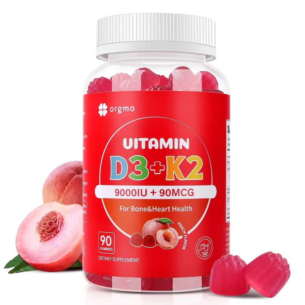 Vitamina D3 K2 Gummies - 90 Conde Sugar Vitamina Gratuita D3 9000 UI + K2(MK-7) 90 mcg para Bone &amp; Immune Health, Vegan Chewable K2 D3 Suplemento Vitamina para Hombres (Peach Flavor)