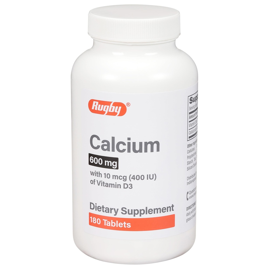 Rugby 600mg Calcio Tabletas - Hecho con 10mcg (400IU) de vitamina D3 - Suplemento dietético - 180 Cuenta (1 Pack)