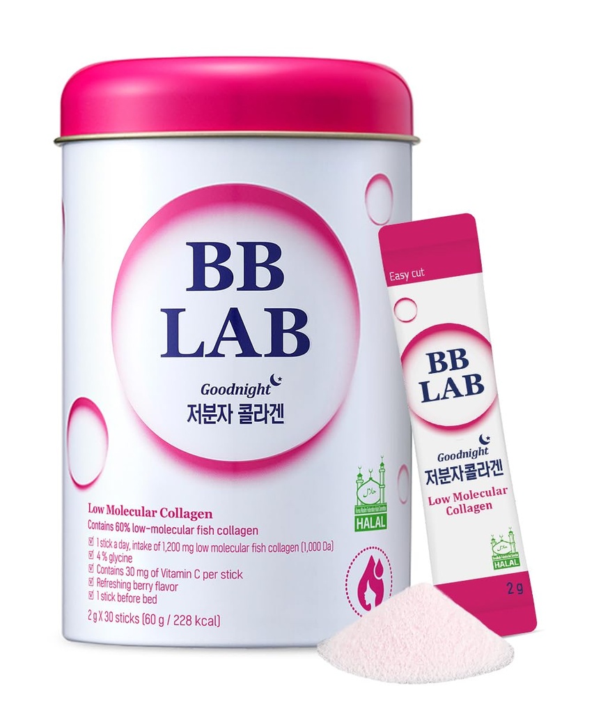 BB LAB Good Night Low Molecular Colagen Powder Stick Suplemento, Halal Certified, Korean Marine Collagen, Fish Collagen Peptides, Vitamina C, Glycine, Fast Absorption, Mix Berry Flavor