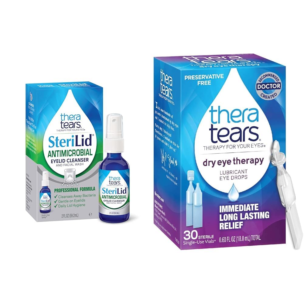 TheraTears SteriLid Eyelid Cleanser and Dry Eye Therapy Lubricant Eye Drops Bundle, 2 fl oz y 30 Vials