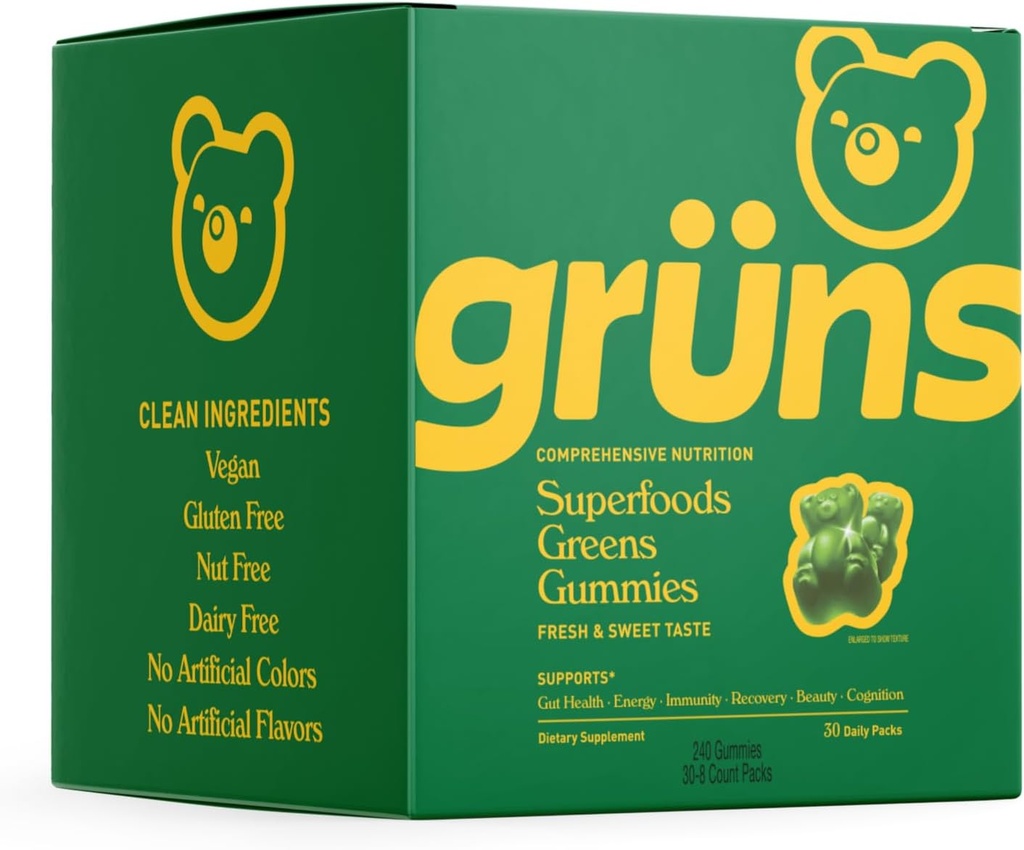 Gruns Super Greens Gummy Bears - Espirulina orgánica y Clorella, Prebióticos para la salud digestiva, 20+ Vitaminas y Minerales - 30 sachets - 240 Gummies