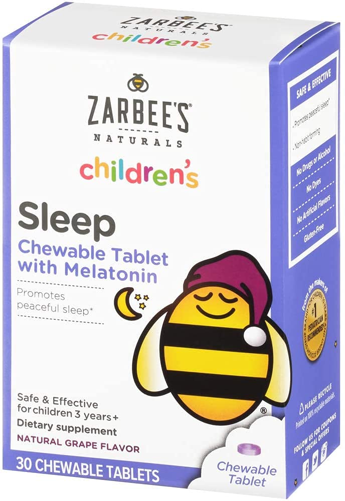 Zarbee's Kids 1mg Melatonin Chewable Tablet, Drug-Free &amp; Effective Sleep Supplement, Easy to Take Natural Grape Flavor Tablets for Children Ages 3 and Up, 30 Count