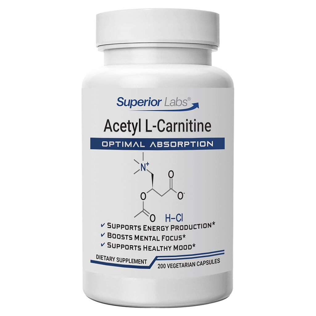 Laboratorios Superiores Acetyl L-Carnitine 500 mg, ALCAR de Alta Potencia, Aditivos Sintéticos Puros, Absorción Máxima, Metabolismo Energético, Cerebro, Nerve & Cellular Detox Support, (200 Caps de Veg)