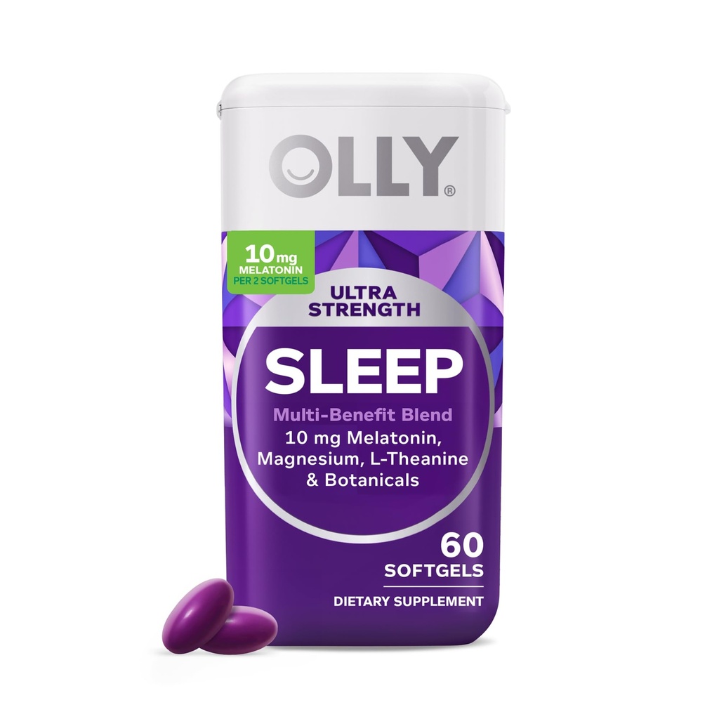 OLLY Ultra Strength Sleep Softgels, 10mg Melatonin, L-Theanine, Chamomile, Magnesium, Lemon Balm, soporta el sueño profundo descanso, la ayuda para dormir en la noche, sin formo de hábito - 60 Conde