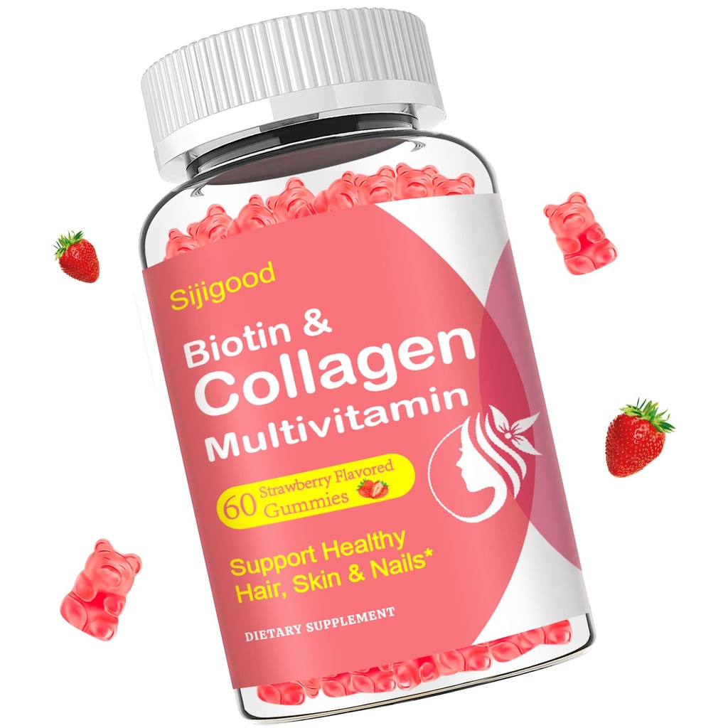 Collagen Gummies for Women Men, Women Over 50, Collagen Peptides Protein Tipo I,II,III,V,X with Biotin Keratin Vitamina C A D E B12 K2 for Skin Hair Nails Immunity Energy 60 Strawberry Flavored Gummies