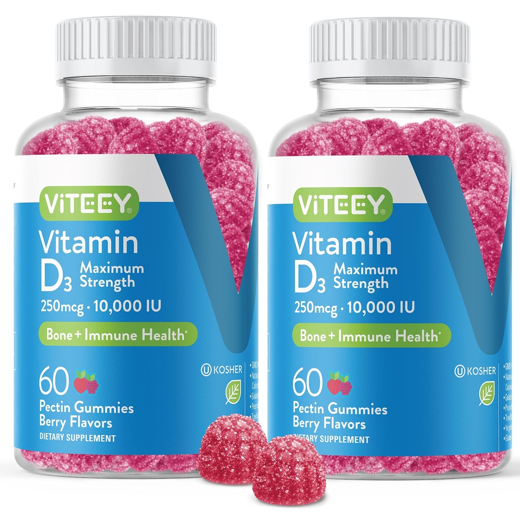 VITEEY Vitamina D3 Gummies para Adultos &amp; Adolescentes - 10,000 UI, 250mcg, máxima fuerza - Conjunto &amp; Muscle Health, Immune Boost - Chewable Vitamin D Gummies - Vegetariano, Gelatin Gratis - Tasty Berry Flavored