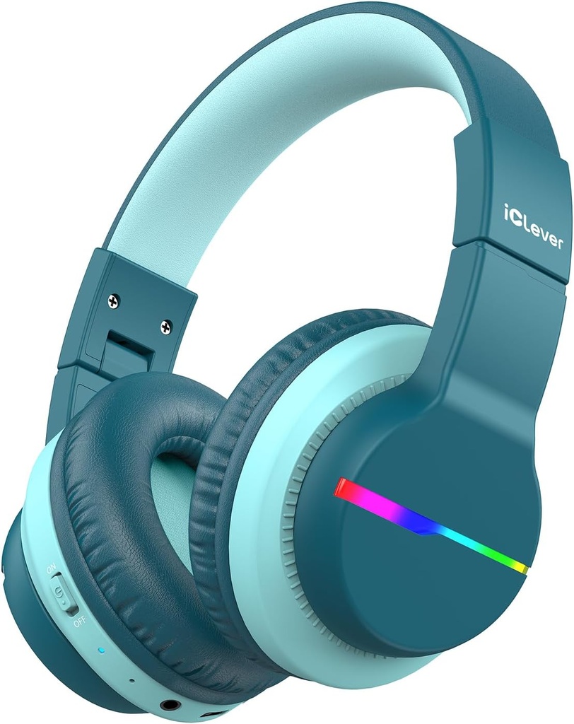 Auriculares Bluetooth iClever BTH12 Kids,Colorful LED Lights Auriculares inalámbricos para niños,74/85dBA Safe Volume,85H Playtime,Bluetooth 5.2,Over Ear Auriculares incorporados Mic para iPad/Tablet/Airplane,Green
