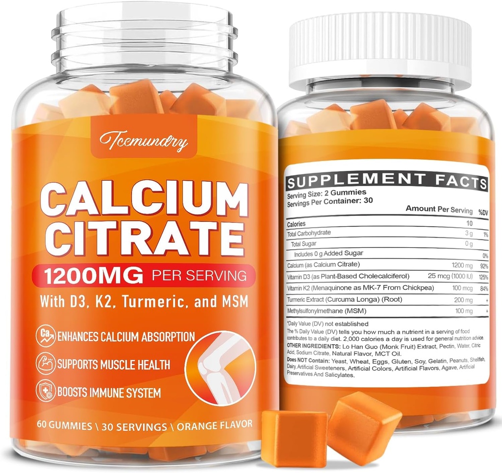 Calcio 1200 mg con vitamina D3 Suplemento Gummies para adultos: Absorción final Citrato de calcio con vitamina D3 K2, Extracto Turmérico, MSM para hombres