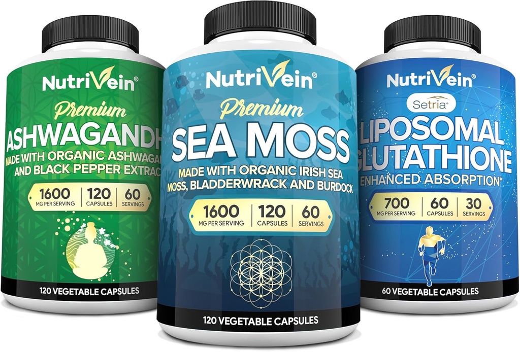 Nutrivein Premium Irish Sea Moss Capsules, Ashwagandha y Liposomal Glutathione Suplemento Bundle: Sea Moss, Reduced Glutathione, " Ashwagandha Supplements for Immunity, Mood, Digestion, " Detox