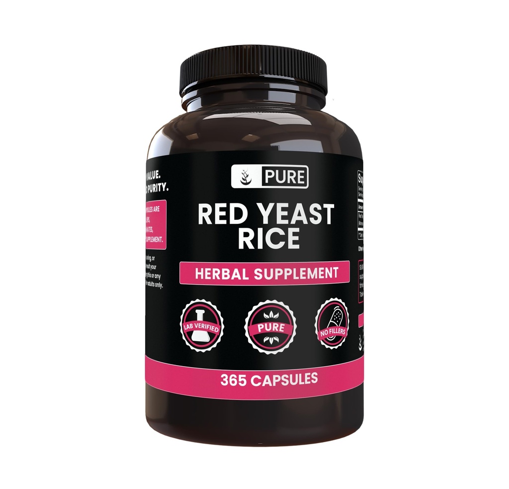 PURE ORIGINAL INGREDIENTES Red Yeast Rice (365 capsules) No Magnesium Or Rice Fillers, Siempre Puro, Lab Verified