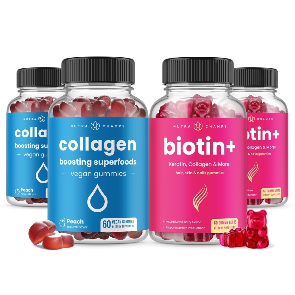 NutraChamps Pelo completo, Skin & Nails Bundle. Biotina, Collagen, Keratin