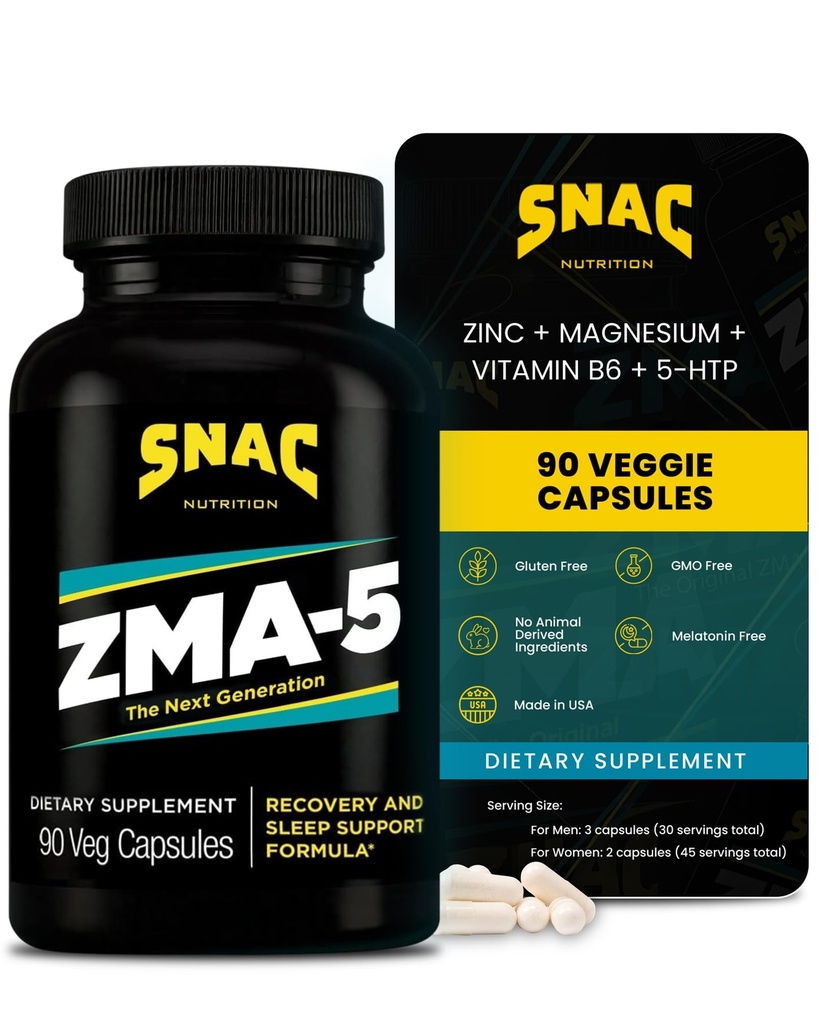 SNAC ZMA-5 Suplemento de ayuda para dormir, promover la recuperación muscular " Crecimiento, apoyo inmunitario " , sueño restaurativo con zinc, magnesio " 5-HTP, entrenamiento post, antes de cama suplementos ZMA 90 cápsulas vegetales