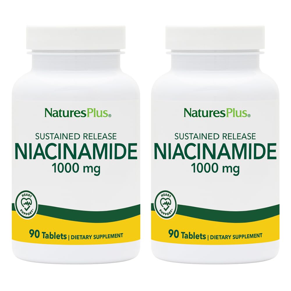 Natures Plus Niacinamide 1000 mg - 90 Tablas de liberación sostenidas, Pack de 2 - Soportes Immune &amp; Skin Health, Energy Production & Brain Function - Vegetarian, Gluten Free - 180 Total Servings