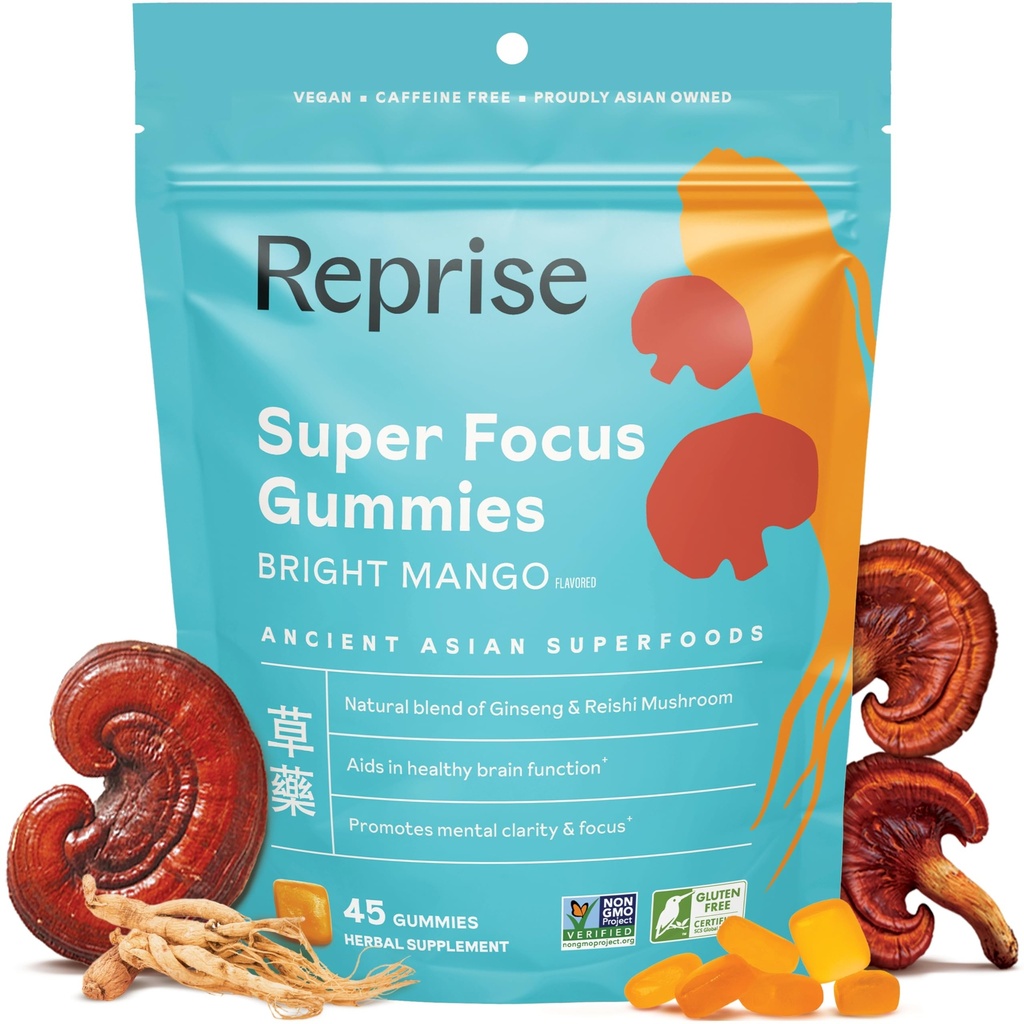 Focus Gummies for Adults tención American & Korean Ginseng with Reishi Mushroom extracts ← All Natural Gummies for Focus, Mood, and Energy Silencio Mango Flavored ← 45 Count