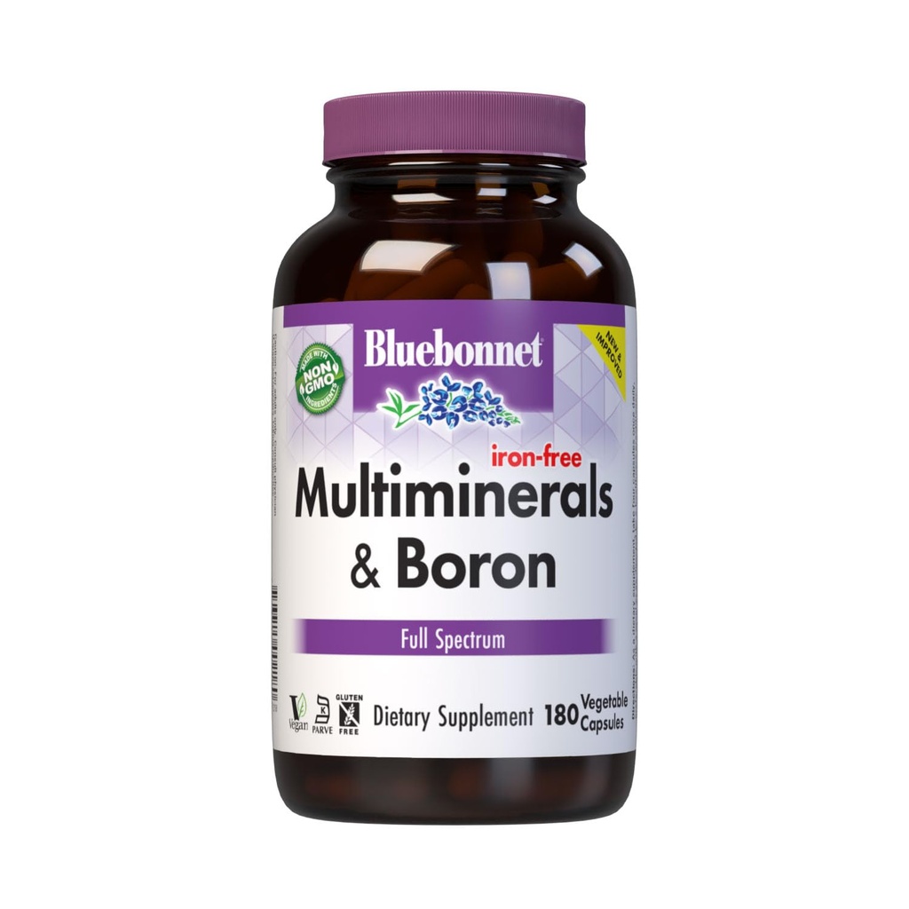 Bluebonnet Multi Minerals Suplemento Plus Boron Chelated Magnesium Potassium Copper Selenium Manganese Chromium & Zinc Complex for Women &amp; Men - No Iron, Non-GMO, Gluten-Free - 180 Vegetable Capsules