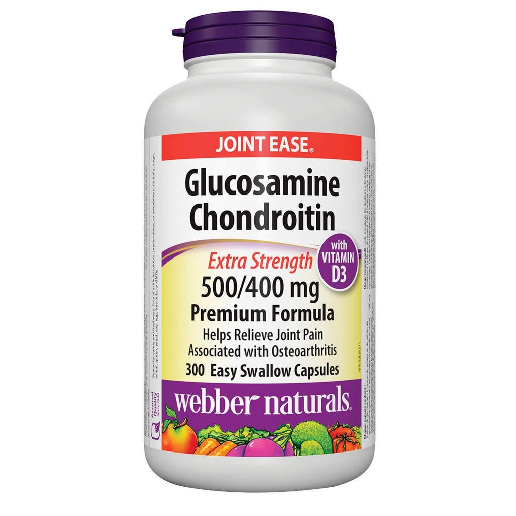 Condroitina de Glucosamina con vitamina D3, fuerza extra, 500/400 mg, Fórmula Premium, 300 Cápsulas fáciles de tragar