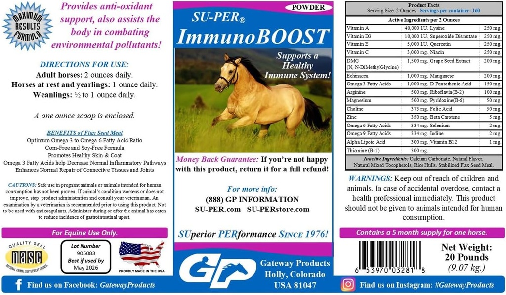 SU-PER ImmunoBOOST Horse Anti-Oxidant Supplement - Supports Immune System " Nutritional Deficiencies - Vitaminas E " C, Grape Seed Extract, Herbal Extracts - 20 Pound, 5 Month Supply