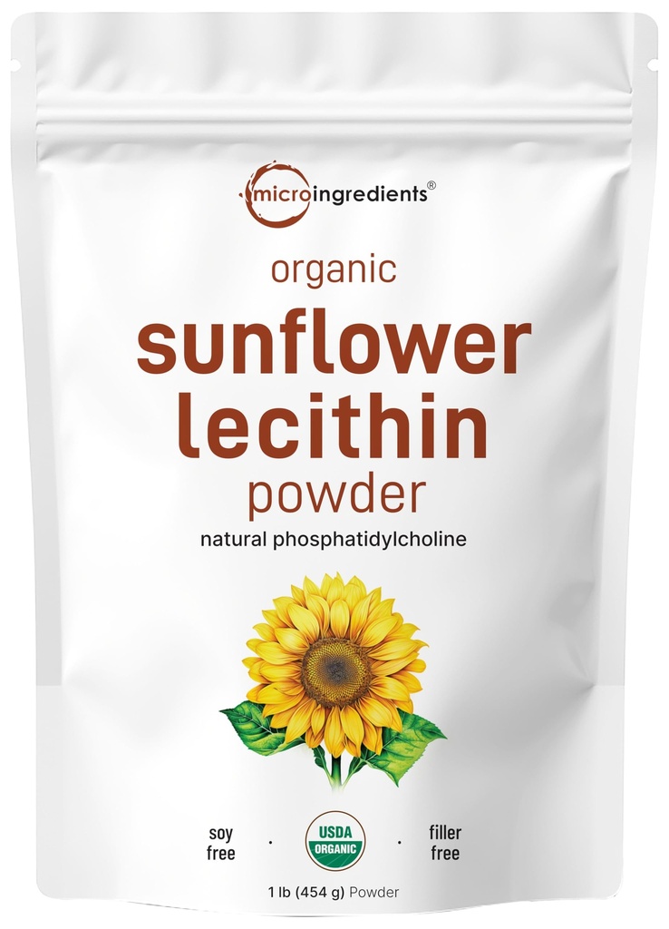 Micro Ingredientes Pólvora orgánica de girasol Lecithin, 1 libra, cultivada sostenible, prensada en frío, rica en fosfatilcolina y proteína, haciendo vitaminas lipomal C, Suplemento de lactancia, no GMO