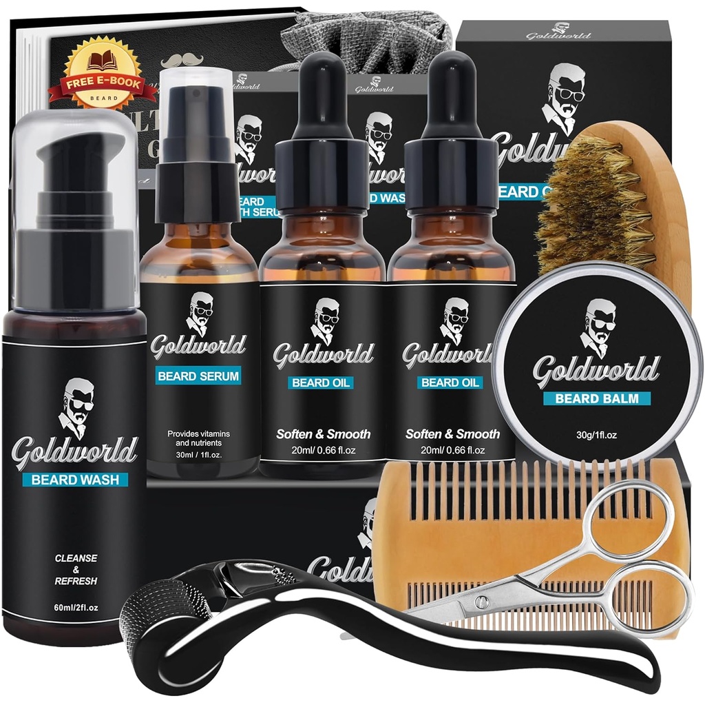 Beard Kit,Beard Grooming Kit w/Beard Wash/Shampoo,2 Packs Beard Oil,Beard Balm,Beard Wash,Brush,Comb,Tijera,Storage Bag,E-Book,Beard Care compartir Kit