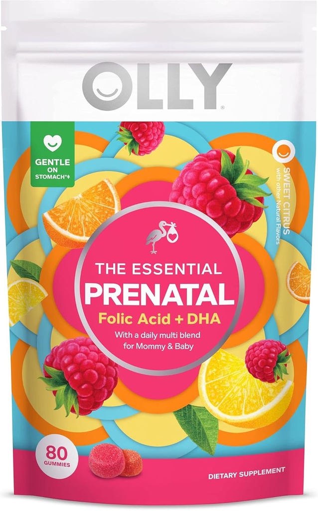 OLLY Prenatal Multivitamin Gummy, apoya el crecimiento saludable y el desarrollo del cerebro, ácido fólico, vitamina D, Omega 3 DHA, suplemento chewable, sabor a cereza, fuente de 40 días - 80 cuenta Pouch