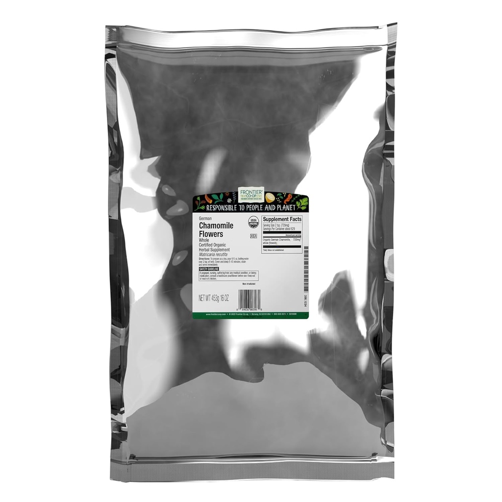 Frontier Co-op Organic Whole Chamomile Flowers, Kosher, Bulk Herb - Dried Chamomile Flowers for Tea, Natural Skincare Recipes and More peru 16 Ounce (Pack of 1)