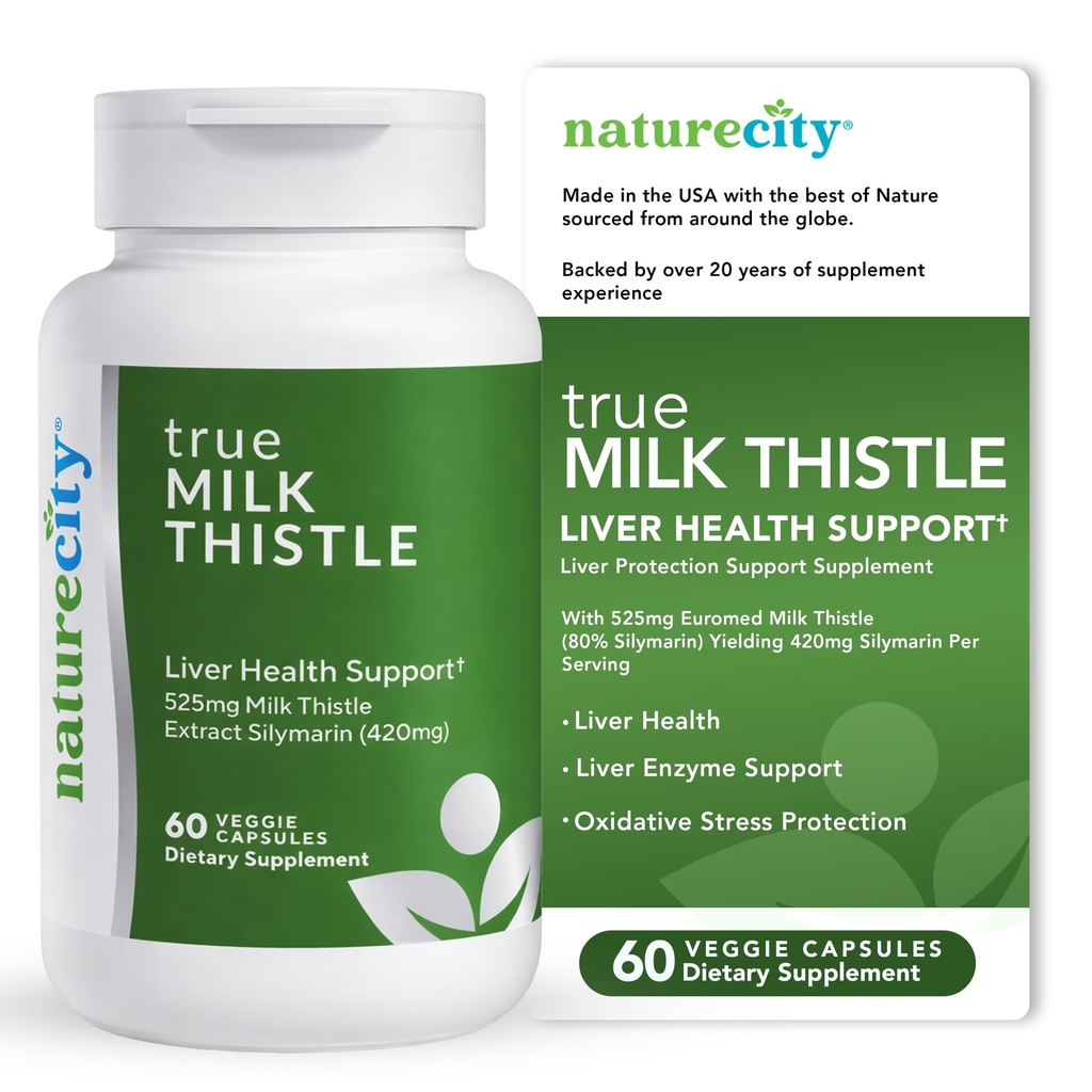 NatureCity TrueMilkThistle ← Milk Thistle Suplemento 525mg TENIDO Milk Thistle (80% silymarin) que contiene 420mg de Silymarin ANTE Antioxidante Apoyo a la Vida Liver Support Suplemento tención 60 Veggie Capsules