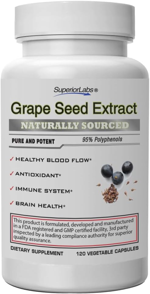 Extracto de semillas de uva superior, 400 mg, 120 cápsulas vegetales, 95% de polifenoles, alto contenido antioxidante, flujo sanguíneo saludable, soporta sistema inmunológico y salud cerebral