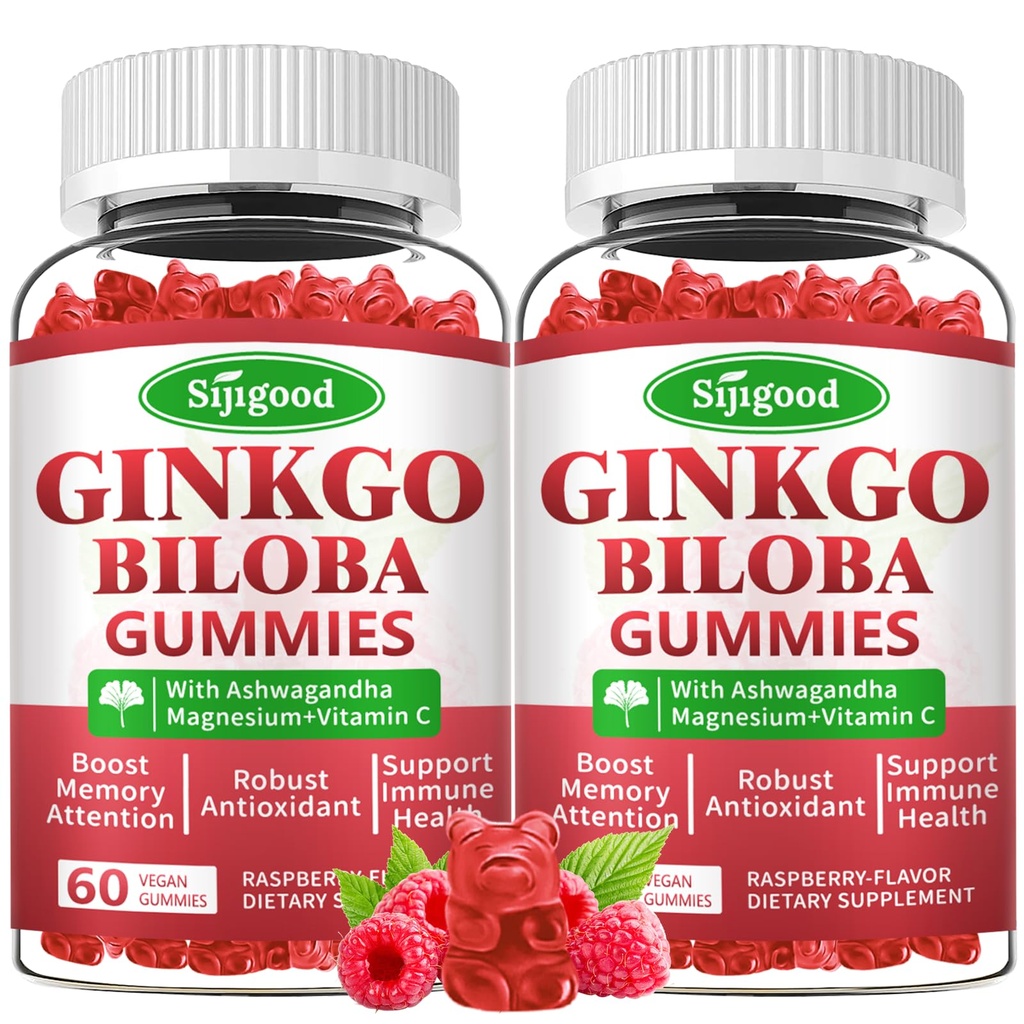 2 Pack Ginkgo Biloba Gummies con Panax Ginseng y Magnesium, Ginkgo Biloba Suplementos para Focus, Memory y Brain Health para Adultos &amp; Niños, Vegan Raspberry Flavor Gummies, 120 Condes