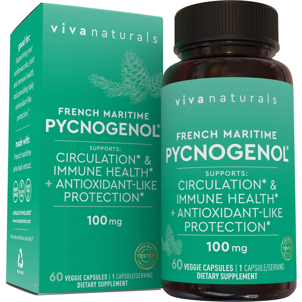 Viva Naturals Pycnogenol - Extracto de pino marítimo francés de 100 mg – apoya la circulación, actividad antioxidante-me gusta, salud y función conjunta – 60 cápsulas vegetales
