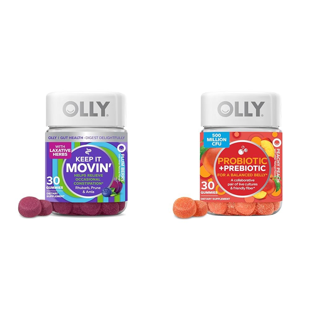 OLLY Constipation Relief Gummies with Rhubarb, Prunes, Amla &amp; Probiotic + Prebiotic Gummies for Digestive Health, 500 Million CFUs, 30 Count