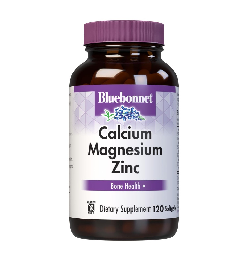 Bluebonnet Nutrition Calcium Magnesium Zinc Plus Vitamin D3, 1000 mg de Calcio, 500 mg de Magnesio y 15 mg de Zinc, 400IU Vitamina D3, For Strong Healthy Bones*, Gluten-Free, Dairy-Fee, 120 softgel
