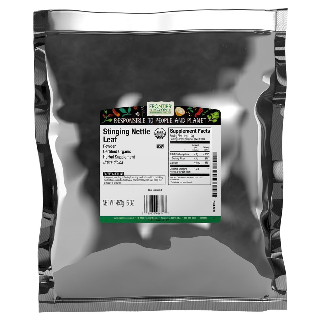 Frontier Co-op Organic Ground Sting Nettle Leaf, Dried Nettle Leaf Powder, Kosher viv 16 Ounce (Pack of 1)