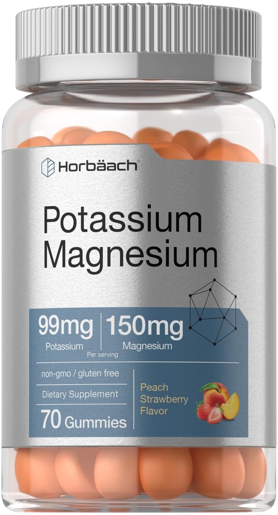 Horbäach Potassium Magnesium Supplement Gummies ← Peach Strawberry Flavor  70 Cuenta ← Vegan, Non-GMO, and Gluten Free Formula