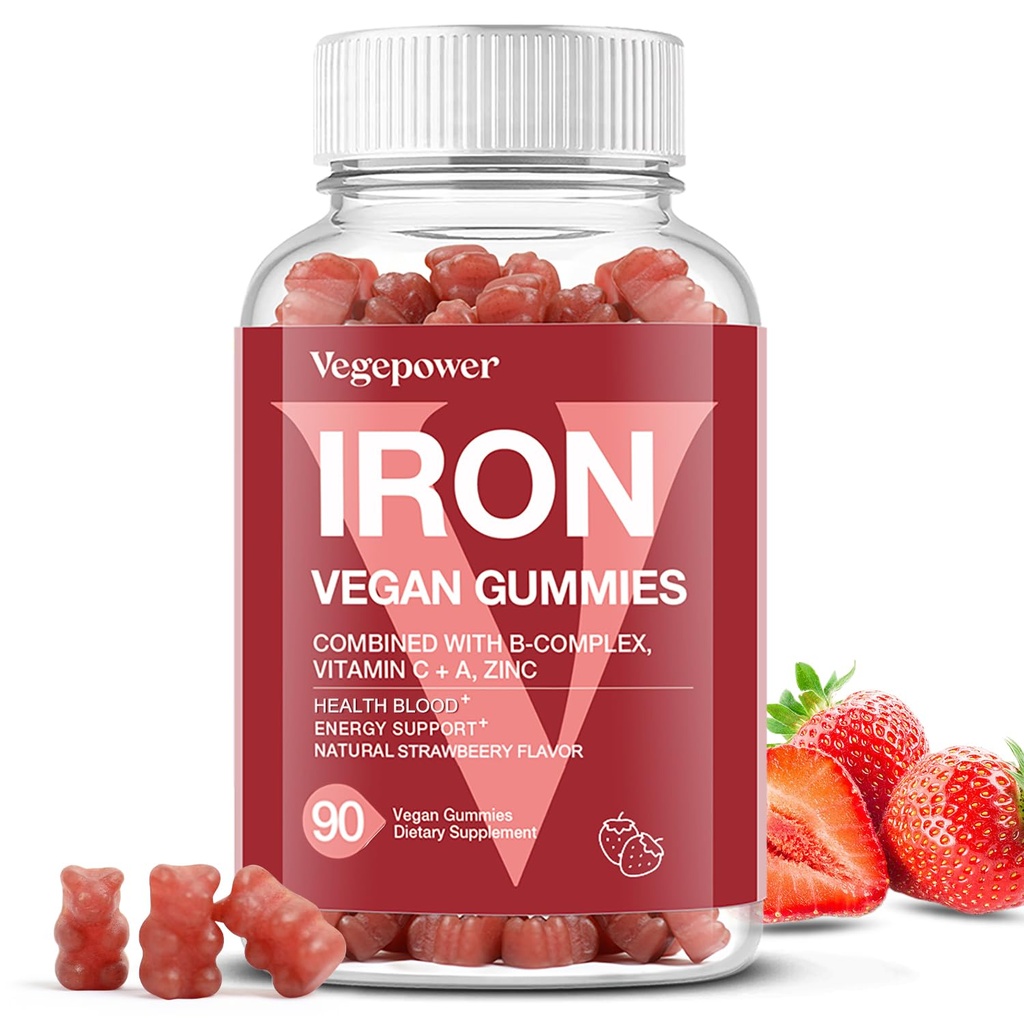 Iron Gummies Suplementos para niños - Multivitamínico con vitamina C para el apoyo energético, Gran Tasting Iron Gummy Vitaminas con vitamina C para Max Absorción - Vegan, Fresa 90 Cuenta