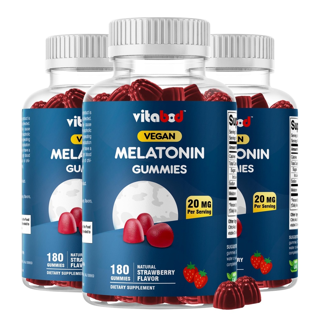 Melatonin 20mg Gummies - 180 Conde - Drug Free - Natural Strawberry Flavor - Vegetariano, No GMO, Gluten Free (3 Bottles)