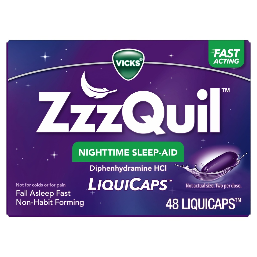 ZzzQuil, Nighttime Sleep Aid LiquiCaps, 25 mg Diphenhydramine HCl, No.1 Sleep-Aid Brand, Non-Habit Forming, Fall Asleep Fast, 48 Cuenta