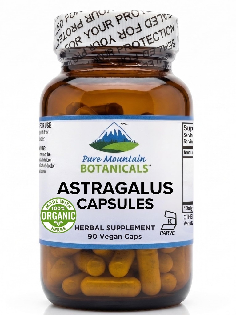 Pure Mountain Botanicals Astragalus Root Capsules - 90 Kosher Vegan Caps con 470mg Astragalus orgánico