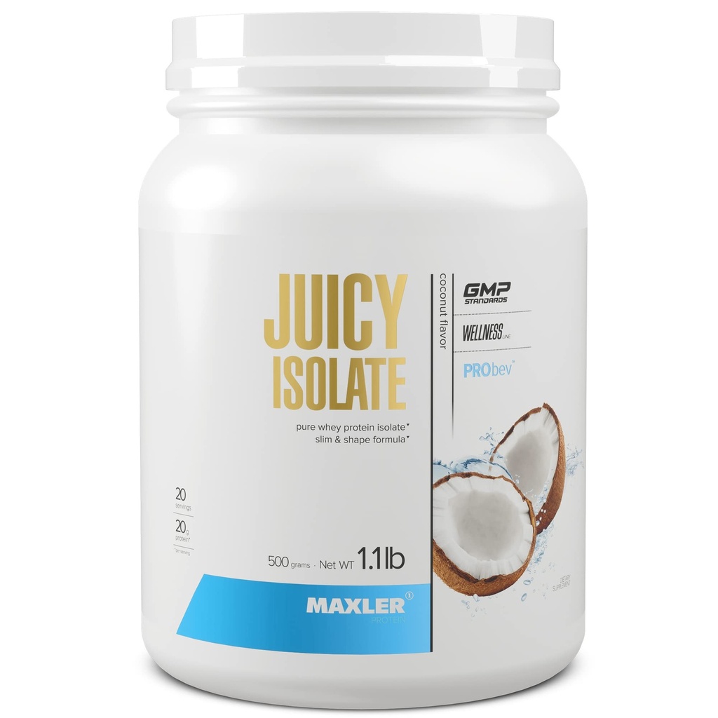 Maxler Juicy Isolate Protein Powder - Clear Whey Isolate - Low Lactose, Fat Free, Sugar Free Muscle Recovery Drink for Pre ' Post Workout - 90% de Protein por Serving - Coconut 1.1 lb (20 Servings)