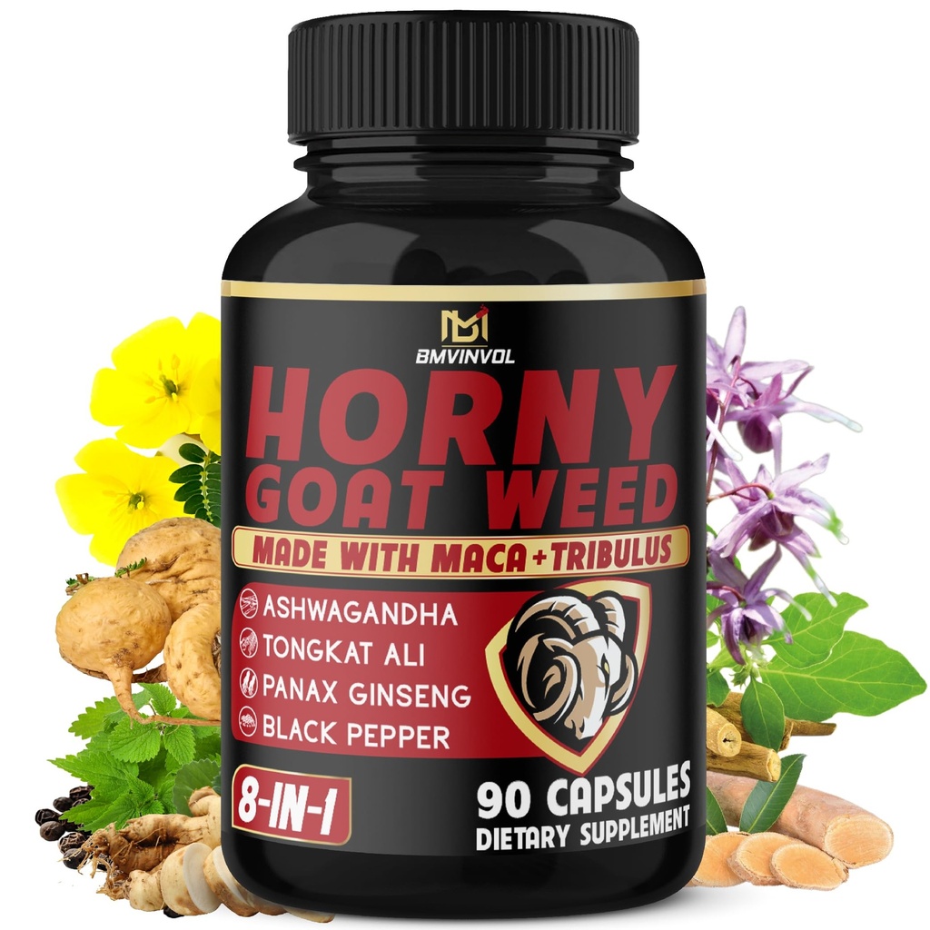 BMVINVOL Horny Goat Weed Capsules with Maca, Ginseng, Tribulus Terrestris, Ashwagandha, Black Pepper - 90 Cuenta para 3 meses de suministro