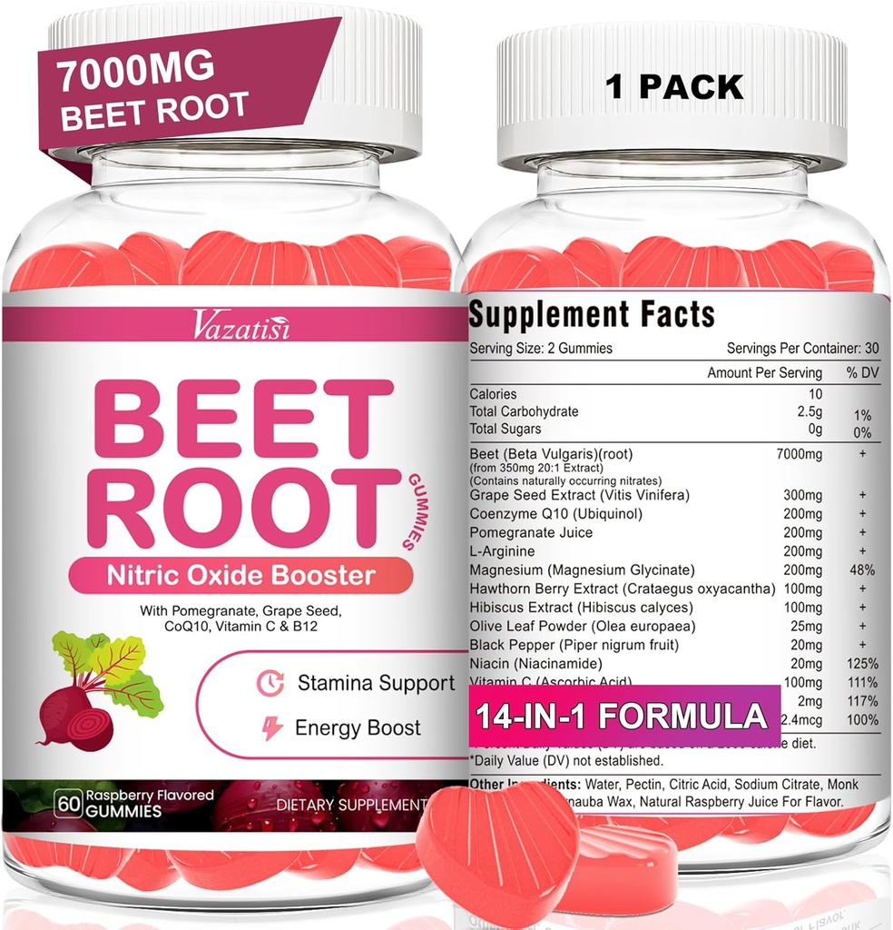 Gummies de remolacha - Nitric Oxide Beet Gummies for Circulation Support, Nitric Oxide Production - with Grape Seed, Hawthorn Berry, Hibiscus, Organic, Non-GMO, 60 Gummies
