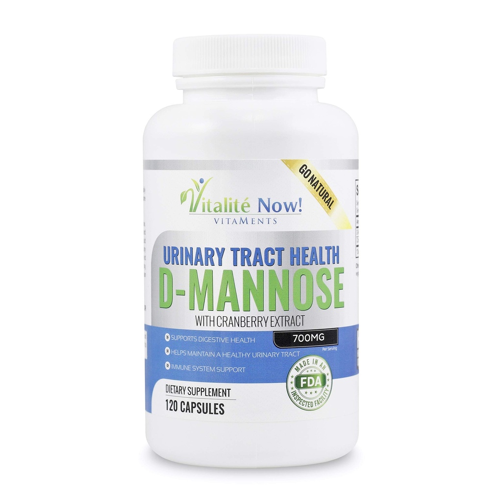 Manguera D-Mannose de alta resistencia con extracto de arándano para las infecciones naturales del tracto urinario y apoyo UTI - Salud Digestiva - Apoyo al sistema inmunológico - 700 mg - No GMO - 120 pastillas