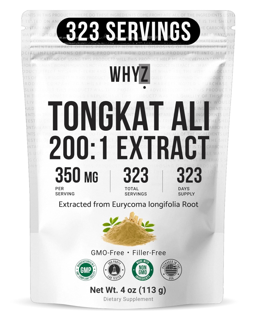 WHYZ Tongkat Ali Powder 113g, Pure Longjack 200:1 Extracto Eurycoma Longifolia Suplemento Polvo para aumentar el rendimiento físico y el bienestar, Longjack Tongkat Ali para Hombres y Mujeres, 323 Servimientos