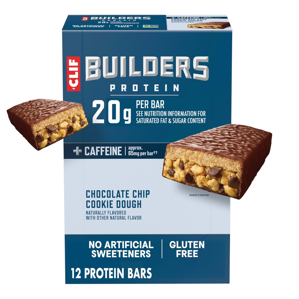 CLIF BUILDERS + Caffeine Protein Bares - Chocolate Chip Cookie Dough Flavor - 20g Planta Basada Proteína - Gluten Gratis - No GMO - Baja Glicémica - No Dulces Artificiales - 2.4 oz. (12 Pack)