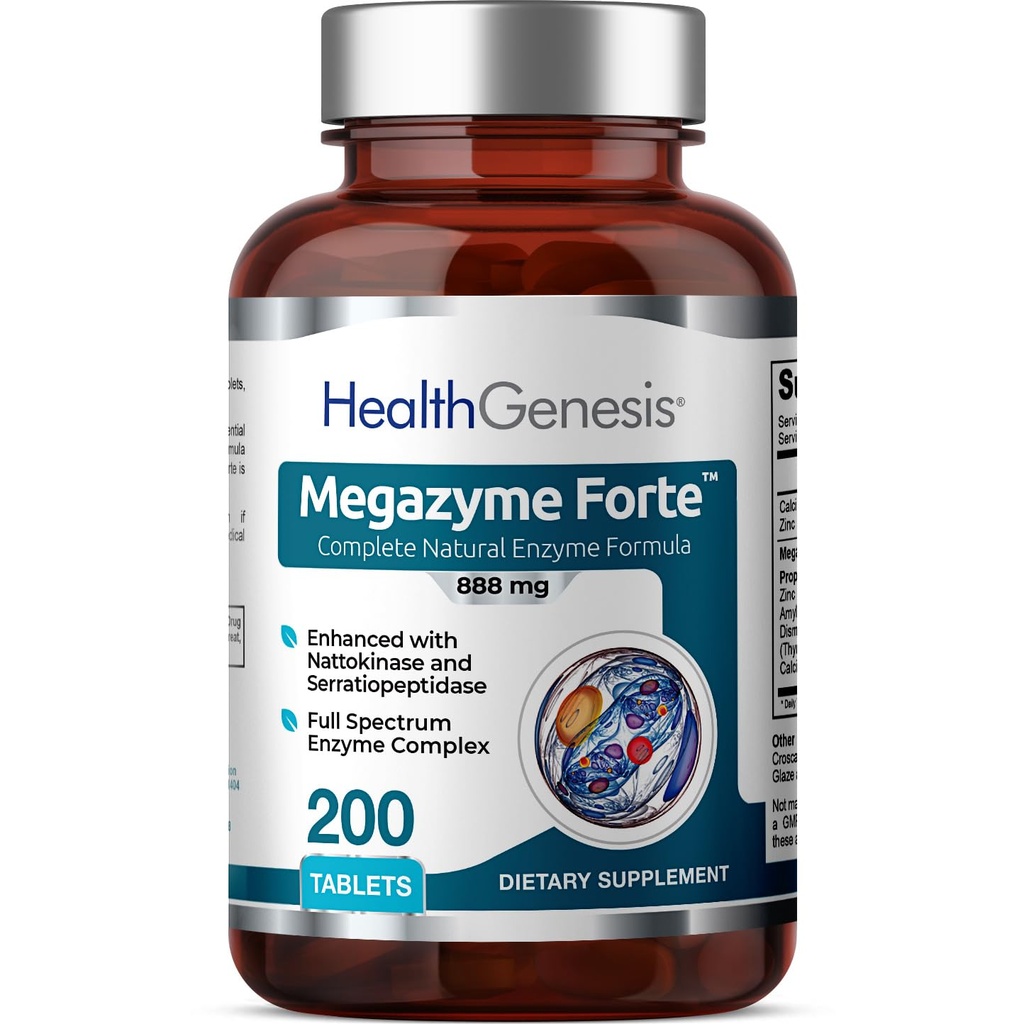 Megazyme Forte 200 Tablets - Planta Natural Proteolítica Enzymes Nattozimes Serrazimes Soporta Sistema Digestivo Salud Inmune