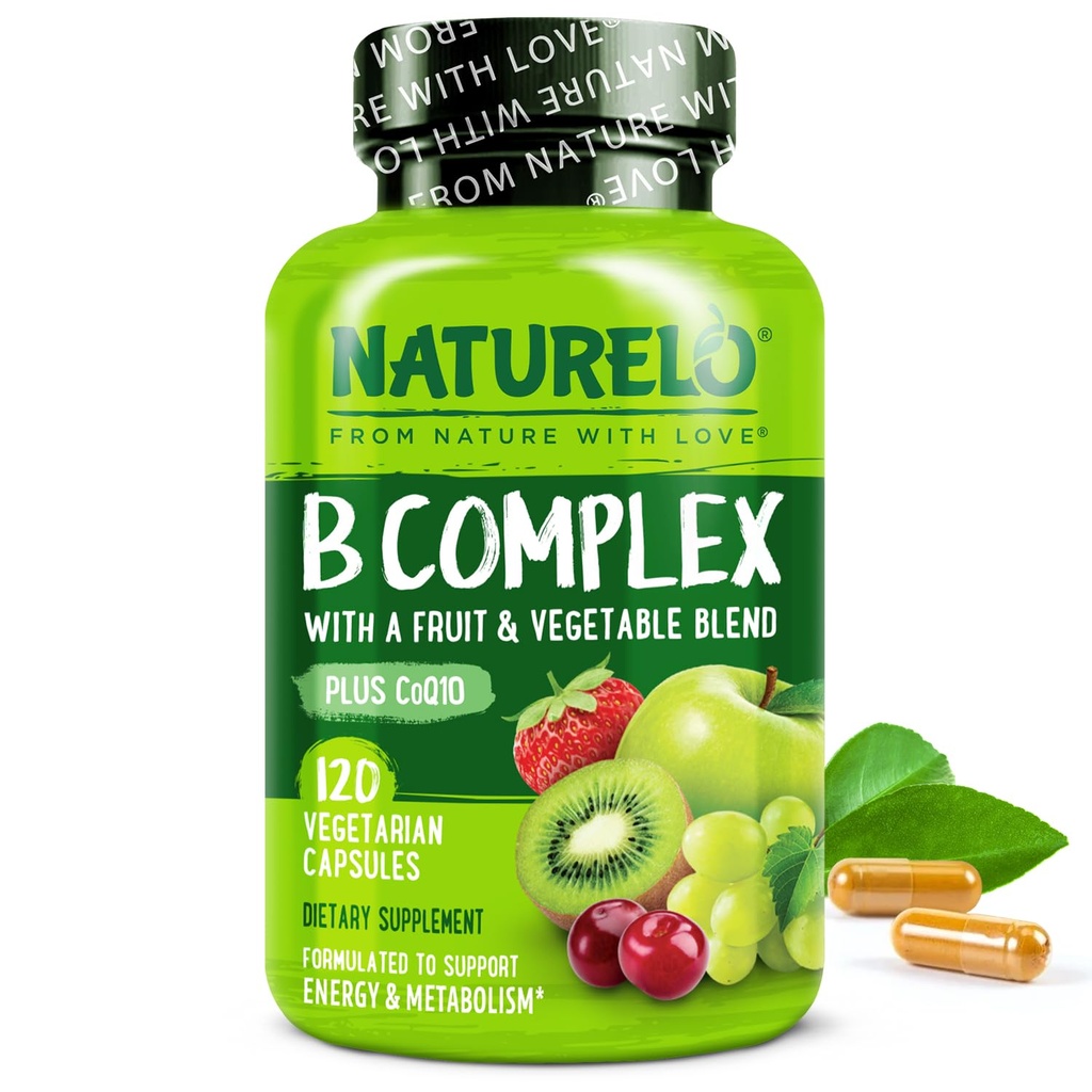 Complejo NATURELO Vitamina B con Metil B12, Folato de Metil, Vitamina B6, Biotin Plus Choline, CoQ10 y Fruit &amp; Vegetable Blend - Soporta Energía y estrés saludable Respuesta - Vegan - 120 cápsulas